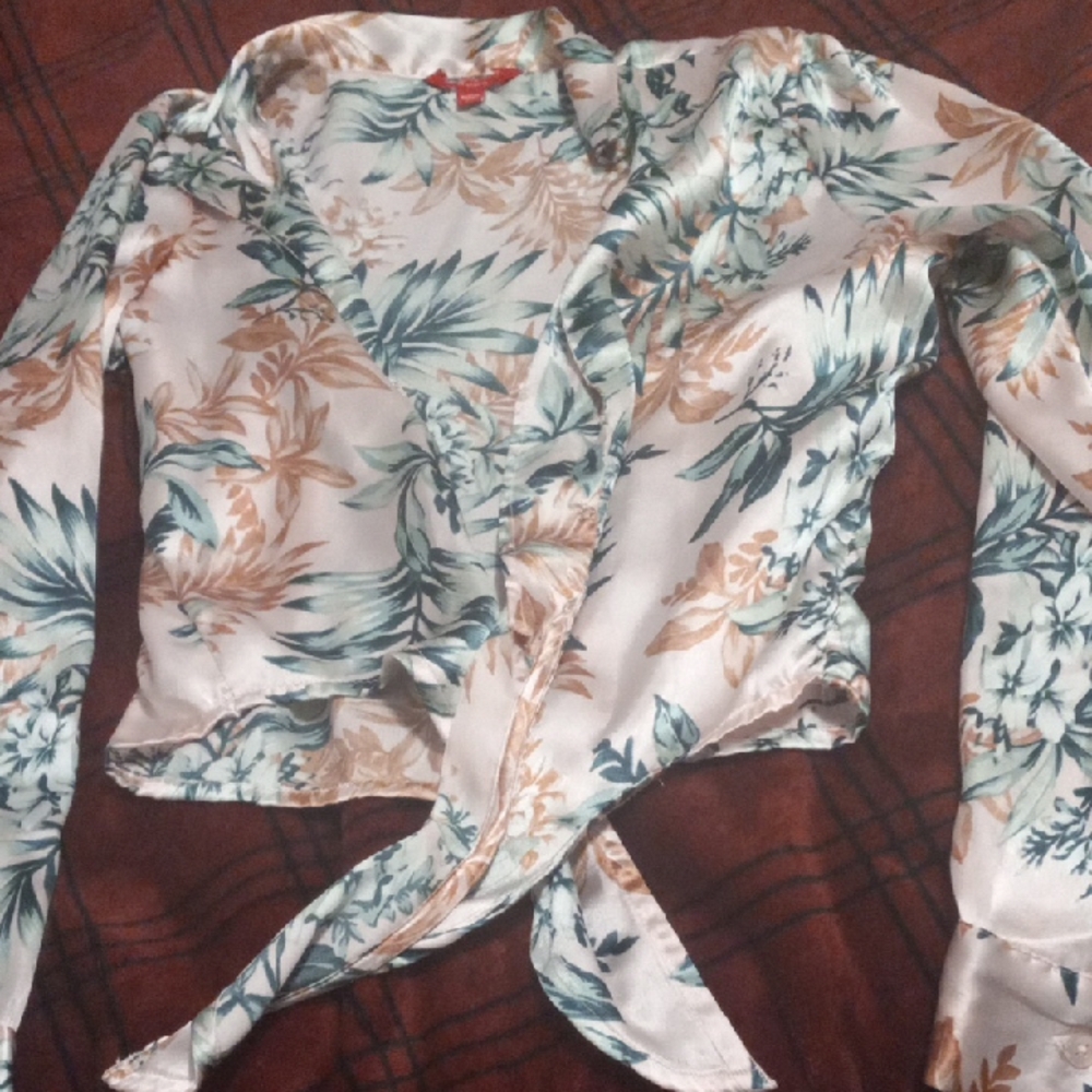 Floral Wrap Blouse - Green, Pink, and Brown